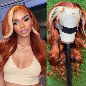 30 Inch Ginger Brazilian Peruk Highlight 613 Honey Blonde Body Wave HD Spets Frontal Transparent Spets Front Peruk Syntet hår för kvinnor