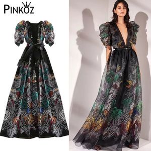 Designer Runway Luxury Maxi Dress for Women Deep V-Neck Rękaw Puff Sleeve Liść Drukowane Lace Up Bow Dresses Robe Vestidos Femme 210421