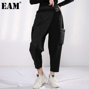 [EAM] High Elastic Waist Pocket Leisure Long Black Harem Trousers New Loose Fit Pants Women Fashion Spring Autumn 2021 1Y48701 Q0801