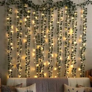 Blinkende 2 m lange LED-Lichterkette mit Efeuranken, 2 AA- oder 3 AA-batteriebetriebene LED-Blattgirlande, Weihnachten für Zuhause, Hochzeit, dekorative Lichter 211027