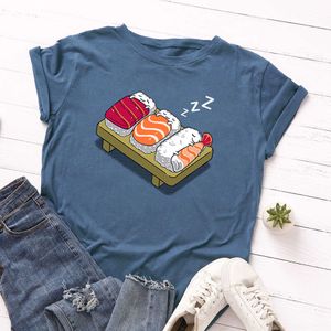 Casual 100% Baumwolle Frauen Sommer T-Shirt Lustige Sushi Oansatz Kurzarm Weibliche T-shirts Top W717 210526
