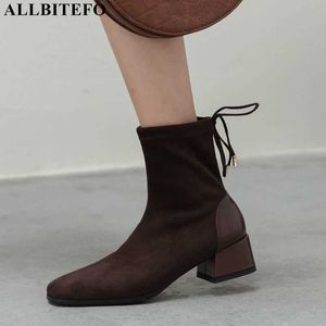 AlliteBofo Confortável Material Elástico Mulheres Botas Outono Moda Sexy Mulheres Sapatos de Salto Alto Ankle Botas Motocycle Botas 210611