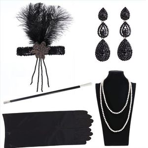 Fünf Finger Handschuhe 1920 Damen Vintage GATSBY Feder Stirnbänder Flapper Kostüm Zubehör Zigarettenspitze Perlenkette Set Haarohrring