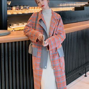 Lã feminina combina moda coreana solta temperamento vintage sobretudo de lã laranja xadrez longo casaco casaco feminino outono inverno windbreake