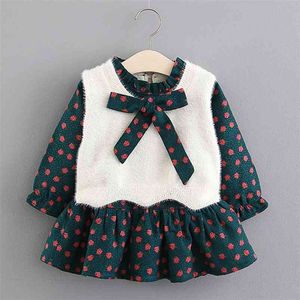 Girls terno roupas infantis outono e inverno colete de pele + princesa manga longa vestido de arco 2 pcs bonito bebê quente crianças roupas menina 210625