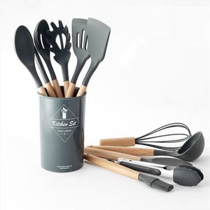 Silikon Küchenutensilien Set Non-Stick Turner Spatel Pasta Server Schaufel Zangen Whisk Hölzerne Griff Kochwerkzeuge Utensilios Küchenzubehör Werkzeug 9/11 / 12pcs