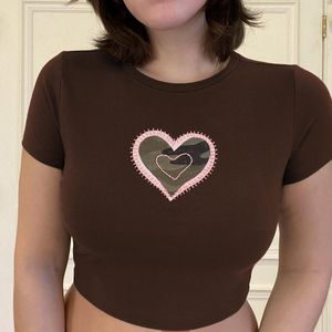 女性用Tシャツヴィンテージハラジュクハート刺繍ショートトップ女性2021サマースリーブスリムフィットセクシーストリートウェアクラブクロップトップ