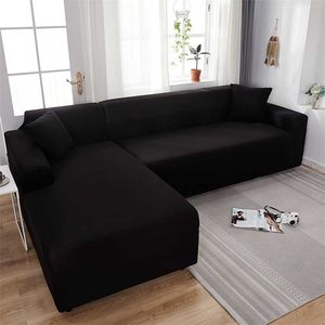 Elastic Corner Sectional Sofa Cover for Living Room 2 3 4 Place Black Solid Color L Shape Protection Chaise Longue Covers 211207
