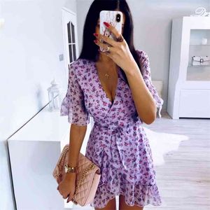 V Yaka Mini Elbise Yaz Kısa Plaj Sundress Kadınlar Ruffled Çiçek Baskı Harajuku Sevimli Wrap Şifon Boho Mor 210427