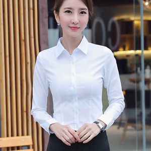 Kvinnor bomullskjortor kvinna vit skjorta långärmad blus kontor lady business rosa plus storlek arbete blusar topp 210604