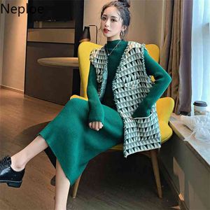 Pequena fragrância colete xadrez Cardigans + long Knit Bottom V Neck Sweater Temperamento Outono Inverno 2 PCS Set Slim Chandal 210422