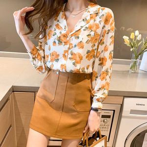 Koreanische Frauen Shirts Chiffon Blusen Frau V-ausschnitt Print Bluse Langarm Tops Plus Größe Floral Top XXL 210604