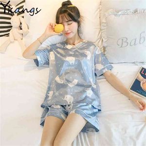 Summer Cool Women's Pajamas Sets with Flower Print Fashion Luxury Female Faux Silk Two Pieces Shirts + Pants Nighties Sleepwear 210421