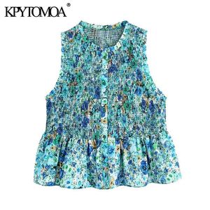 Women Fashion Floral Print Ruffled Smocked Elastic Blouses Sleeveless Button-up Female Shirts Chic Tops 210420