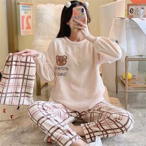 Mulheres de inverno pijama conjuntos de flanela quente engrossar sleepwear terno para manga longa + calças casuais solta 2 pcs pjs 211112