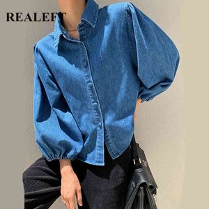 Vintage Puff Sleeve Denim Women's Blouse Turn-down Collar Jeans Shirts Female Buttons Chic Tops Spring Summer 210428