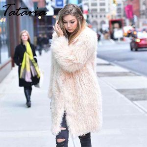 Tataria Damska Futra Streetwear Zima Ciepły Długi Samica Rękaw Pluszowy Teddy na kurtkę 210514