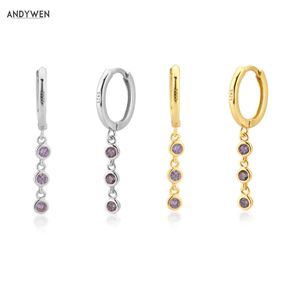 Andywen 925 Sterling Silver Lila Charm Zirkon Pendiente Drop Earring Rock Punk Smycken Kristall Bröllop Juveler Clips 210608