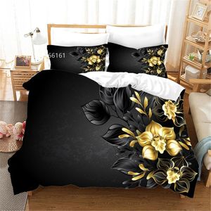 寝具セットブラックゴールドフローラルセット3Dプリント豪華な美しい花布団カバーシングルクイーンキングベッドキルトホームベッドスプレッド