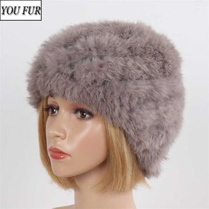 Stil Stickad äkta kaninpäls hatt för kvinnor Naturliga varma kepsar Ryssland Lady Winter Skullies Cap 211119