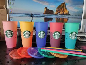 24oz / 710ml Starbucks Färgmugg Ändra plastkopp, återanvändbar Genomskinlig Drinking Cup, Cylindriskt lock, Straw, Bardian