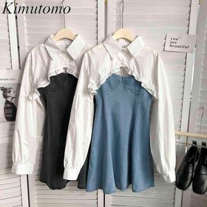 Kimutomo Vintage 2 Piece Set Женщины Весна Мода Мода Воротник с длинным рукавом Короткая блузка и Сплошное Джинсовое Платье Средства вскользь 210521