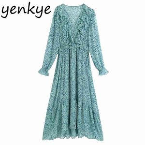 Summer Dress Women Layered Ruffle V Neck Long Elegant Lady Sleeve A-line Chiffon Plus Size vestido 210514