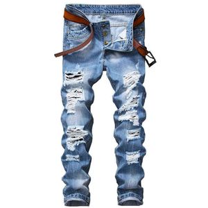 Casual Men Jeans Solid Slim Fit Full Lenght Pencil Pants Plus Size Light Blue Fashion Denim Jeans for Men Ripped Male Trousers G0104