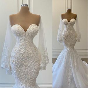 Beaded Mermaid Wedding Dresses Bridal Gown Sweetheart Neck Sleeveless Sweep Train Designer Custom Made Arabic Dubai Plus Size Vestido De Novia 403