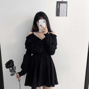 Autumn Women Dress Plus Size 4XL Lace Up Black Slim Sexy High Waist Femme Dresses Off Shoulder Long Sleeve Gothic Clothes 210527