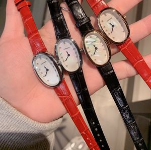 Classic Women Quartz Watch Mor till Pearl Shell Dial Lady Real Leather Clock Rostfritt Stål Geometrisk Ovala Armbandsur 23mm