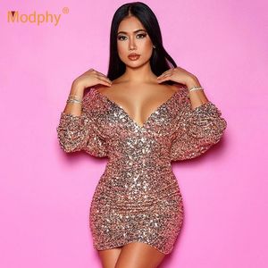 Повседневные платья 2021 Женщины BodyCon Dress Vestidos Sexy V-образным вырезом с длинным рукавом Серебряный блесток Мини Знаменитости Клуб Взлетняя Вечерняя вечеринка