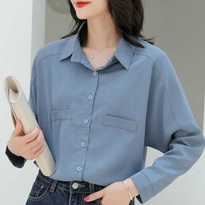 Blusas Mujer de Moda Deixar-se Collar Escritório Senhoras Tops Blusa Mulheres Manga Longa Azul Chiffon Blusa Tops C327 210602