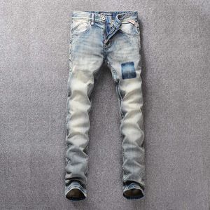 Włoski styl Moda Mężczyźni Jeans Retro Szary Niebieski Slim Fit Ripped Streetwear Vintage Projektant Bawełniane Dżinsowe Spodnie Hombre Xuzl