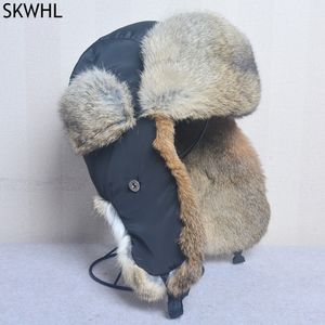 Bombowiec Kapelusze Zimowe Mężczyźni Ciepłe Rosyjska Ushanka Kapelusz z klapką Ear Real Fur Trapper Cap Earflap Naturalny Ciepły Królik