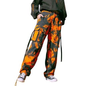 Women Cargo Pants Loose Tie Dye Print Straight Pocket Button Up Wide Leg Trousers Casual Basic Ladies Clothing 210522