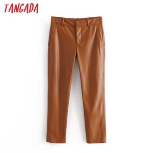 Tangadaファッション女性茶色のフェイクレザースーツパンツズボンポケットボタンオフィスレディパンツパンタロンQN73 210609