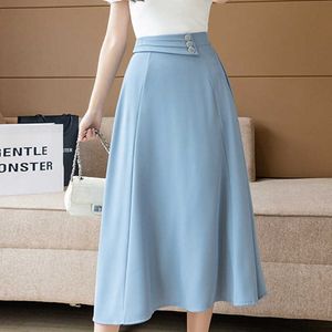 Kore Moda Etekler Yüksek Belli Uzun Kadın Yaz Diz Boyu Seksi Şemsiye Kadın Giyim Mavi Kadın 210604 için