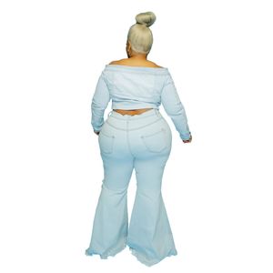 Nya kvinnor plus size denim byxor faller vinter rippade hål jeans 3xl 4xl 5xl flare byxor mode tvättade blå klockbotten leggings dhl ship 5634