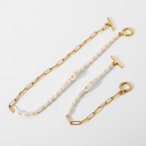 Link, Chain 18K Gold Plated Stainless Steel Bracelet Necklace For Women Half Freshwater Pearl OT Stick Buckle Chokers Jewelry