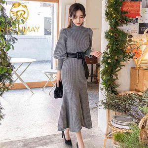 Jesień i zima 2020 Nowy Koreański Styl High Collar Slim Long Sleeve Frenulum Jersey Dress Damska Moda G1214