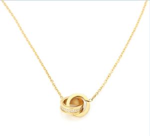 Parejas Collares para él y ella Mujeres Hombres Amante Anillo doble de acero inoxidable a juego CZ completo Dos filas Collar de diamantes Colgante para parejas