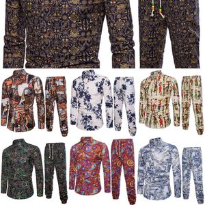 2019 New Boutique Cotone e lino Moda Stampa Casual Camicia a maniche lunghe + Pantaloni Moda uomo Abiti casual Set Uomo X0610