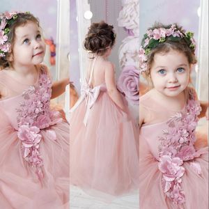 Fiore simpatiche abiti rosa rosa per matrimoni appliques in pizzo collo gioiello con fiori 3d tulle principessa prua di compleanno per bambini abiti da concorso