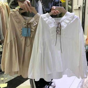 Printemps Corée Mode Femmes À Manches Longues Chemise Lâche Croix Laçage Col En V Blanc Blouse 100% coton Volants Chemises Dames Tops D398 210512