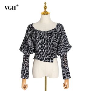 Drucken Hit Farbe Shirts Für Frauen O Neck Puff Langarm Spitze Up Backless Asymmetrische Saum Casual Blusen Weibliche Mode 210531