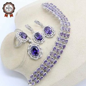 Conjunto de jóias naturais de cor prata roxa para mulheres bracelete brincos colar pingente anel caixa de presente H1022