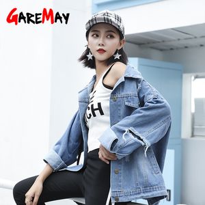 Vintage Fabric Patchwork Denim Jacket Women Cowboy Jeans coats Autumn Frayed Ripped Hole Jean chaqueta mujer 210428