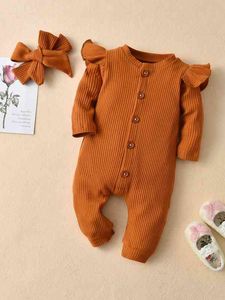 Baby flicka ruffle trim jumpsuit med huvudband hon