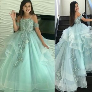 2021 Mint Turquoise Lovely Flower Girl Abiti per matrimoni Cinghie senza spalline Perline di pizzo Lunghezza del pavimento Increspature Tulle Girls Pageant Dress Prom Abiti da comunione per bambini